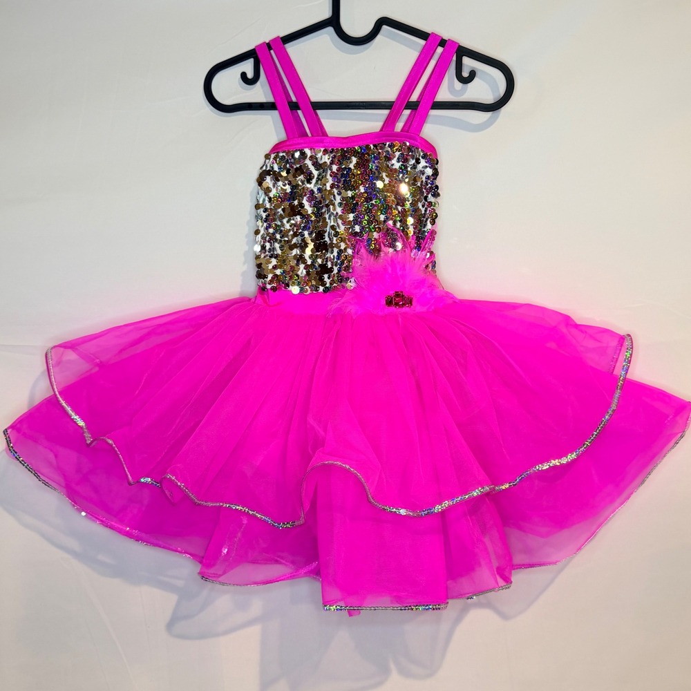 Girls Hot Pink Sequin Tutu Dance Costume Strappy Back Performance Dress
